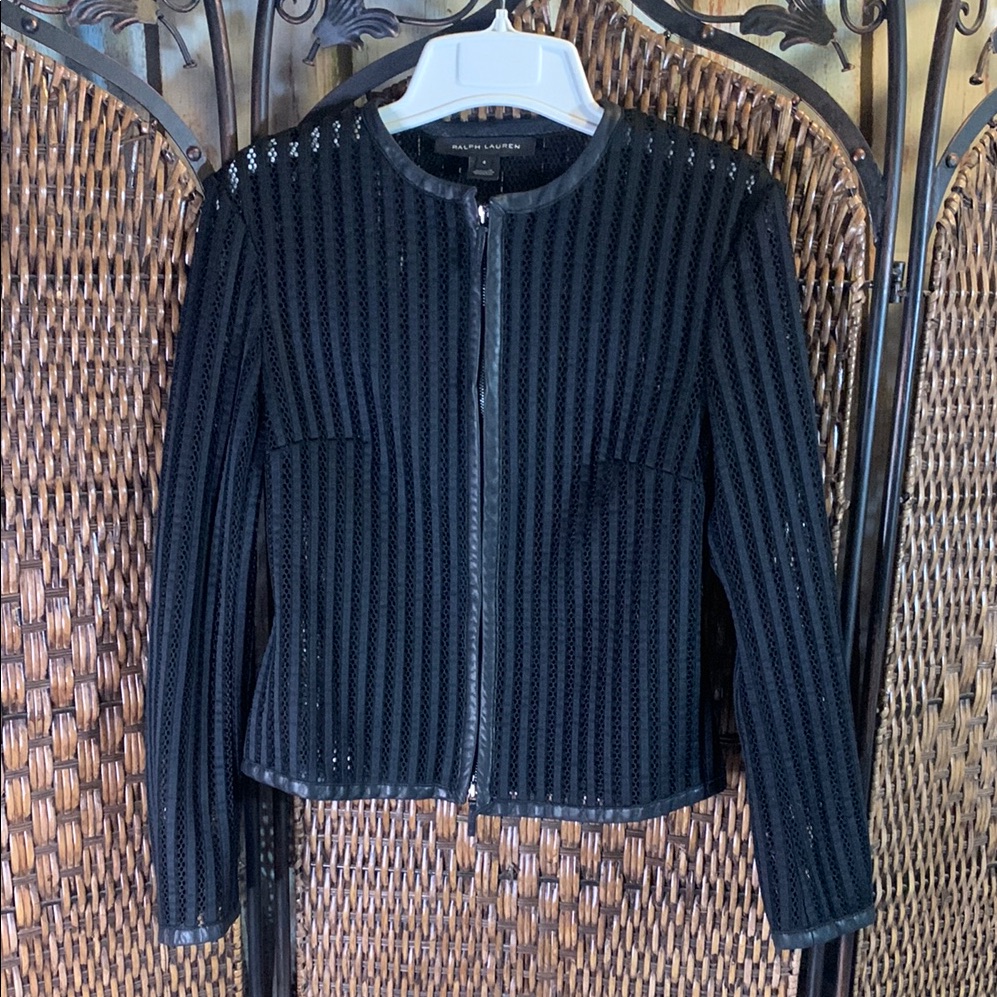 Black Label Ralph Lauren Leather-Trimmed Mesh Full Zip Jacket Size 4